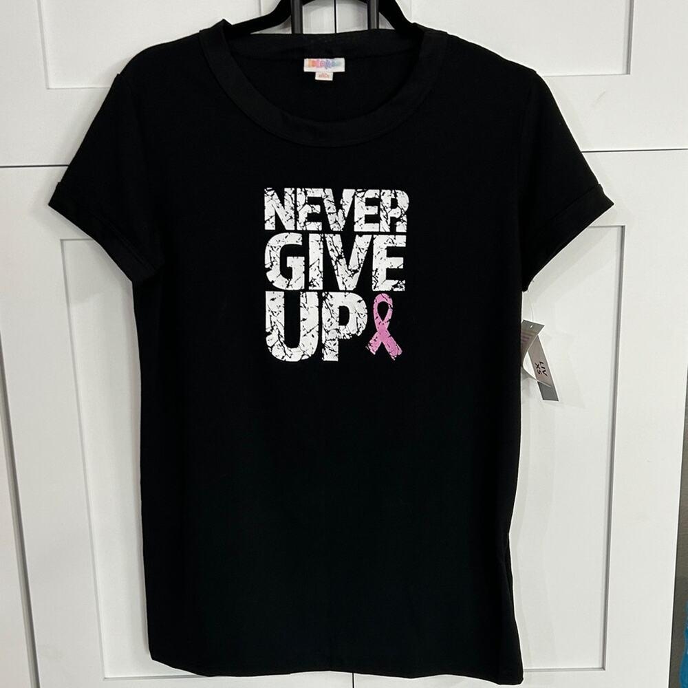 LuLaRoe “Never Give Up” Graphic Tee Black Pink Ribbon XS NWT